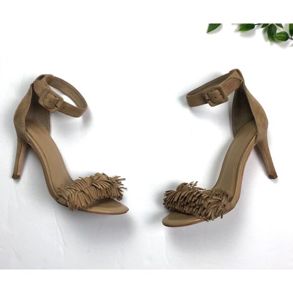 Joie Pippi Fringe Tan Suede Ankle Strap High Heel Shoes Women Sz. 6 - Picture 6 of 7